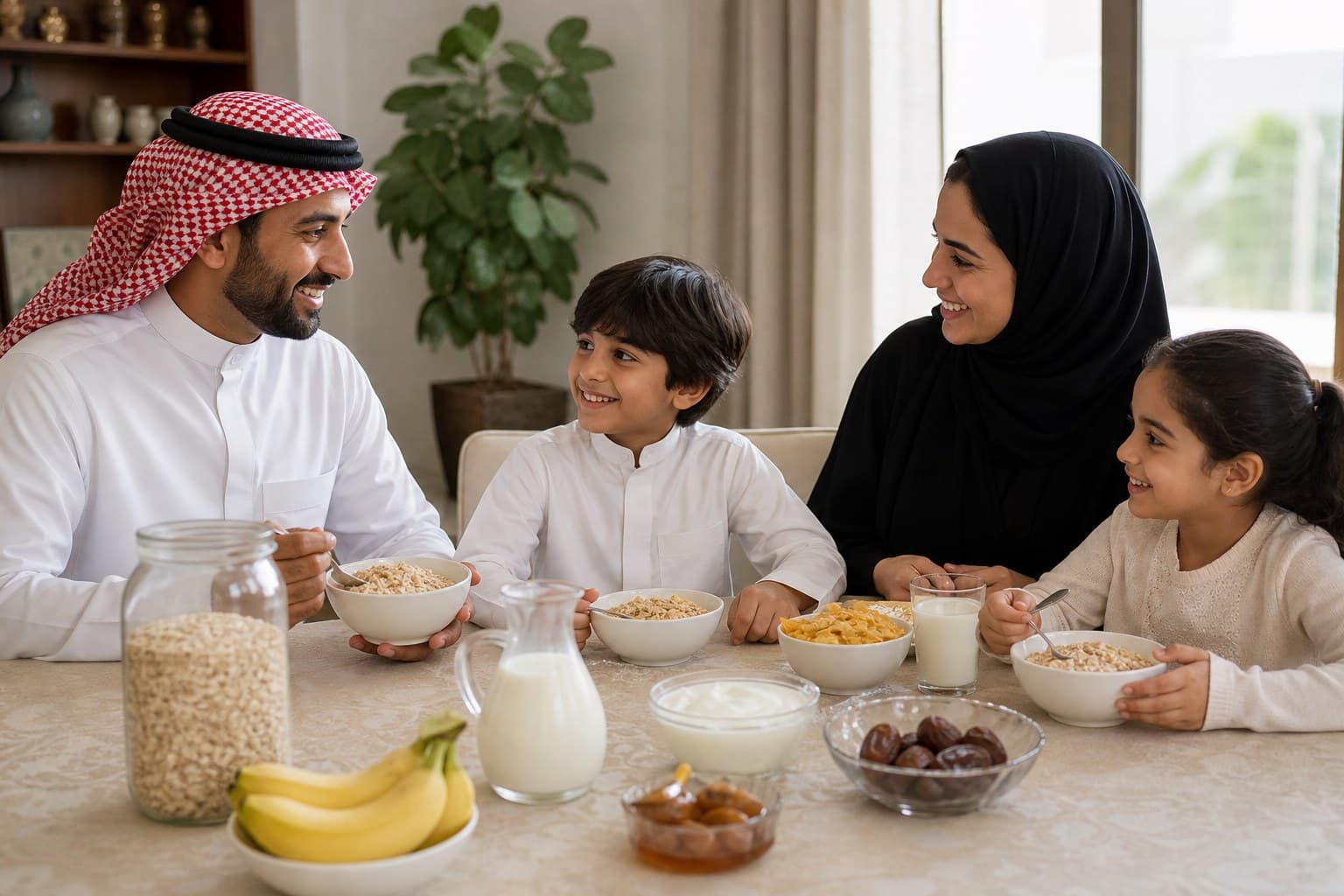 فطور عائلي سعودي دافئ فيه شوفان وحبوب فطور وحليب وتمر وموز